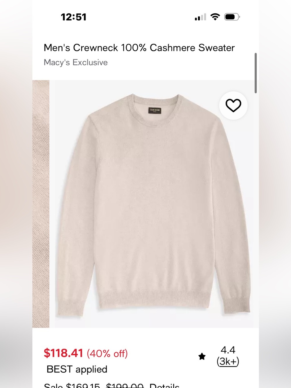 100% Cashmere Club Room Men's Light Cream Crewneck Sweater. Size L